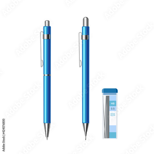Automatic ballpoint pen and mechanical pencil in blue metallic case set. Vector illustration