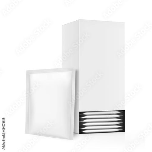 Realistic cardboard box with sachet mockup. Perspective view. Vector illustration isolated on white background. Ready for your design. EPS10.	