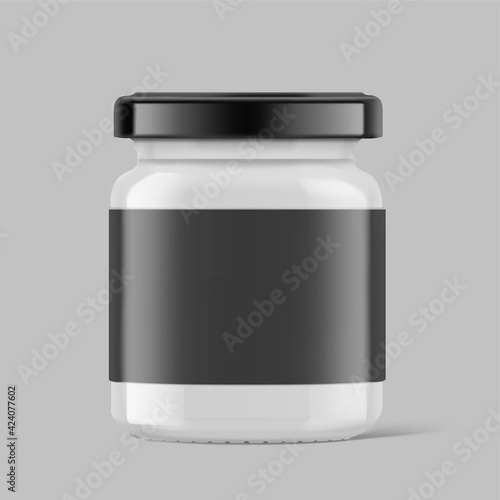 Black glass jar mockup isolated on background. Vector illustration. Front view. Сan be used for food, cosmetic and other needs. EPS10	