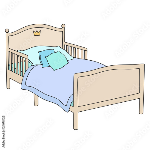 Vector illustration kid bed with cot sides with linens, blanket and pillows and a golden crown on the headboard 