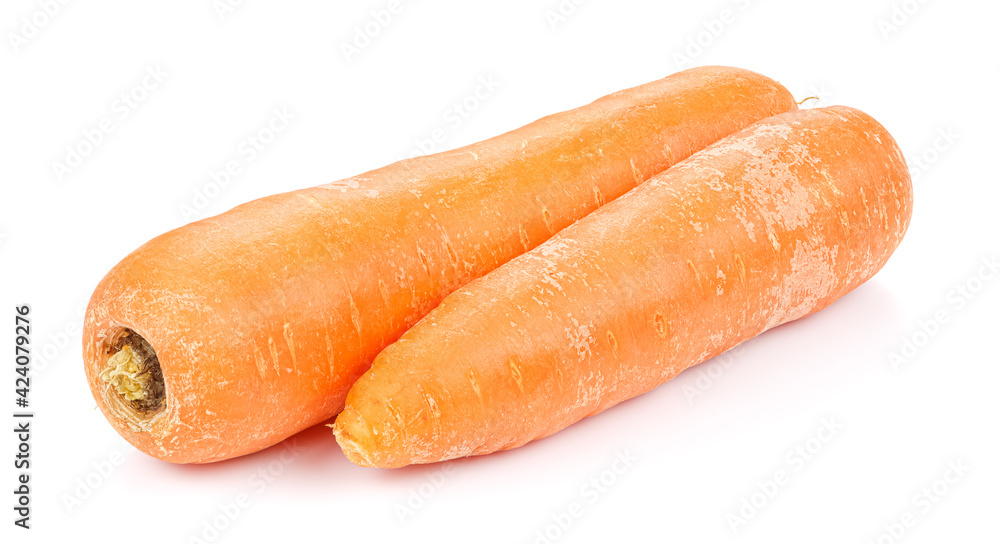 Two fresh washed carrots isolated on white background Two fresh washed carrots isolated on white background