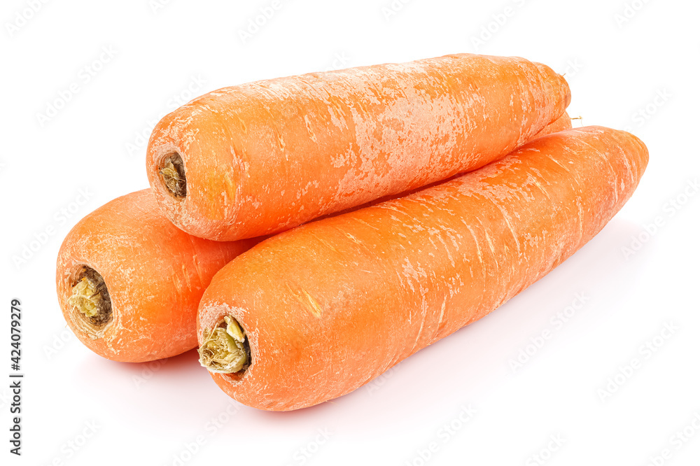 Three fresh washed carrots in stack isolated on white background Three fresh washed carrots in stack isolated on white background