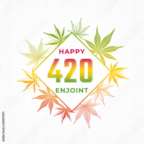 420 Rhombus Creative Concept with Cannabis or Marijuana Leaves Numerals Logo and Happy Enjoint Lettering as Mix of Enjoy and Joint - Green Red and Yellow on Wavy Background - Hand Drawn Design
