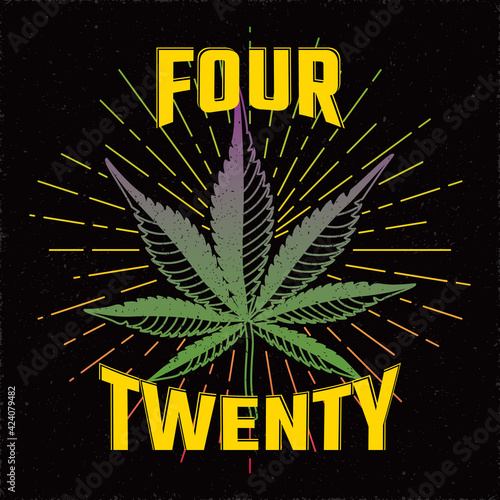 Four Twenty Logo Lettering with Inverted Marijuana or Cannabis Leaf as 420 Celebration Smoking Concept - Multicolor on Black Background - Hand Drawn Design