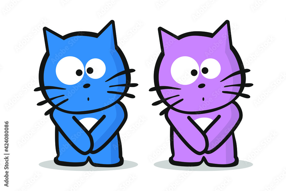 Two kitten characters who really need to pee. Vector illustration on white background