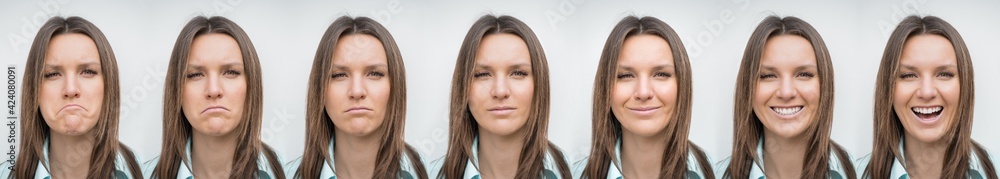 Woman face with emotions range from extremely sad to happy. Negative and positive emotions. Good and bad mood. Expressing different emotions. Mood disorders, bipolar disorder. Emotional contrast. Woman face with emotions range from extremely sad to happy. Negative and positive emotions. Good and bad mood. Expressing different emotions. Mood disorders, bipolar disorder. Emotional contrast.