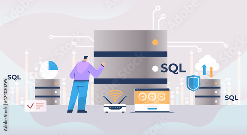 male admin working with dataserver SQL structured query language concept horizontal