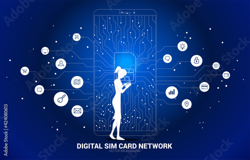 businesswoman with mobile phone and dot connect line shaped sim card icon in mobile phone circuit board style with functional icon. Concept for mobile sim card technology and network.