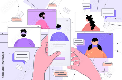 human hands using smartphone discussing with colleagues during video call virtual conference online communication