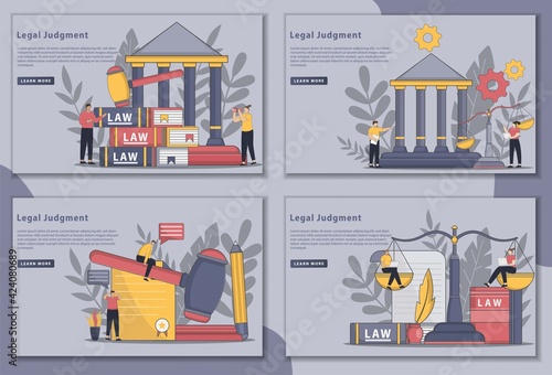 Set of Flatline style designs Legal judgment illustration landing page concept. law and justice study and reporting news. Concept Law, Justice, Legal service, notary. 