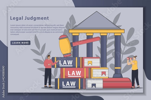 Flatline style designs Legal judgment illustration landing page concept. law and justice study and reporting news. Concept Law, Justice, Legal service, notary. Justice scales and wooden judge gavel