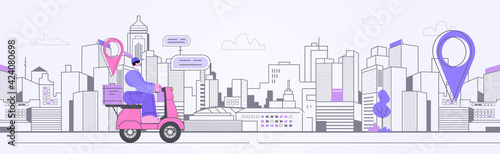 courier on scooter delivering food or parcels express delivery service concept horizontal cityscape background