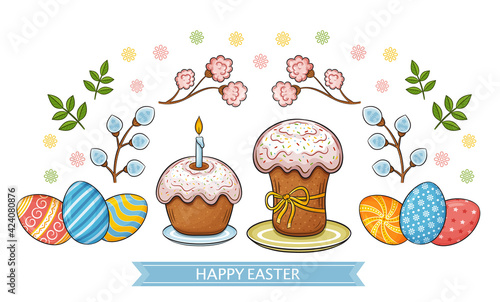 Easter holiday cakes and colored eggs. Tradition of decorating painted chicken eggshell. Traditional sacred bread food as symbol Christian religious celebration. Colorful greeting card. Cartoon vector