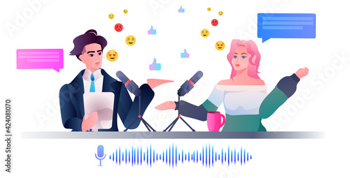 businesspeople recording podcast chat bubble communication concept portrait