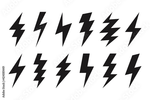 Thunder lightning web icons. Isolated bolt shapes in black color. Danger symbols, rainstorm. Set of volt vector signs