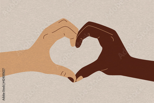 Stop racism flat sign. White black hands heart shape, diversity equality concept. Vector illustration