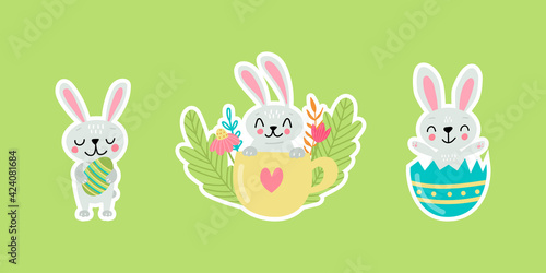 Easter greeting stickers with bunnies. Vector illustration. Set of cute cartoon characters and elements.