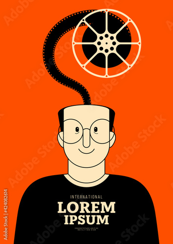 Movie and film poster design template background with vintage retro film reel