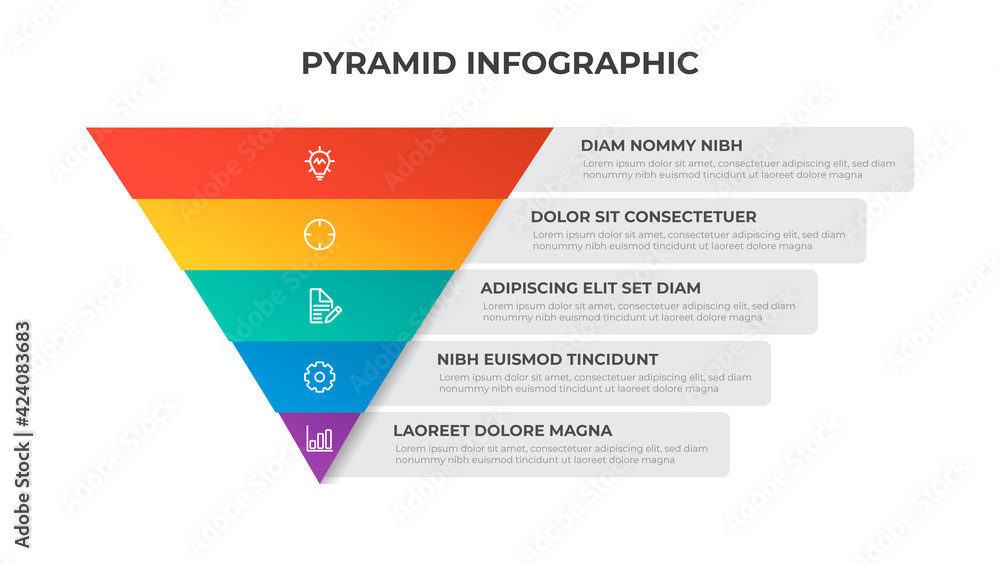 5 points of pyramid list diagram, triangle segmented level layout ...