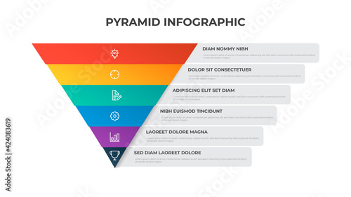 6 points of pyramid list diagram, triangle segmented level layout, infographic element template vector