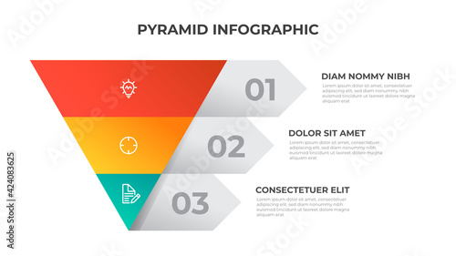 3 points of pyramid diagram, triangle list level layout, infographic element template vector