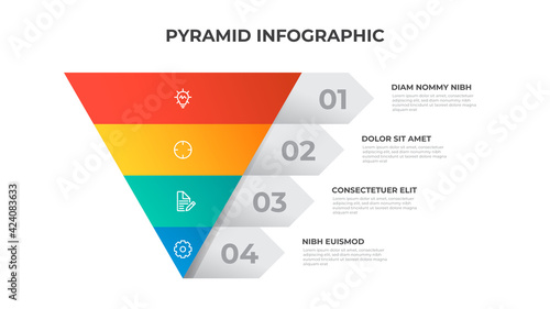 4 points of pyramid list diagram, triangle segmented level layout, infographic element template vector