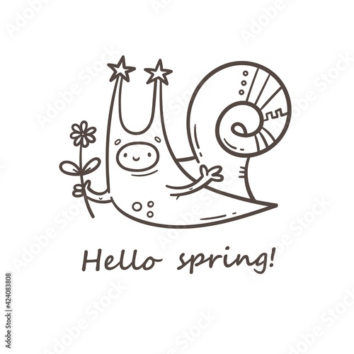 Card with cute cartoon snail and plant. Doodle floral poster. Spring vector print with insect.