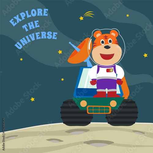 Cute tiger and his Rover  exploring the red planet. Mission to search for traces of life. Creative vector childish background for fabric  textile  nursery wallpaper  poster. and other decoration.