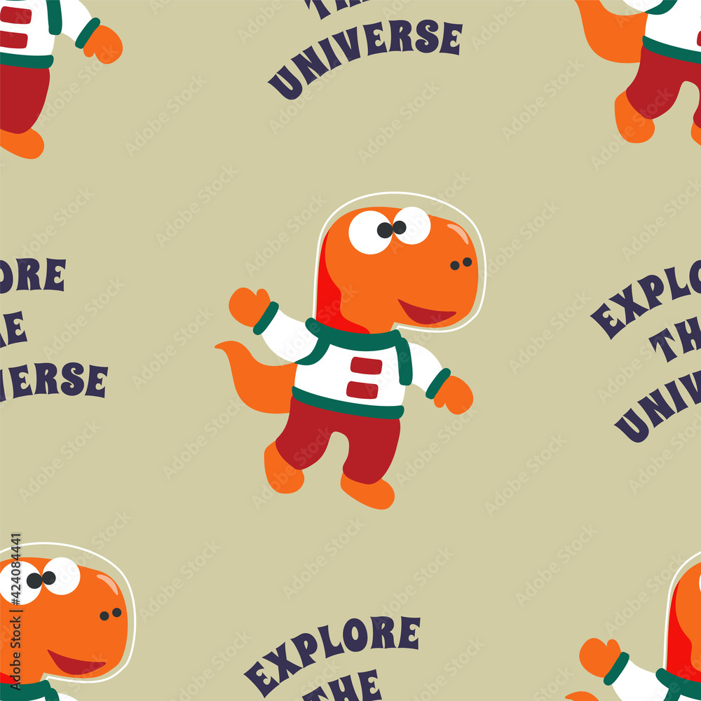 Fototapeta premium Seamless pattern vector of Funny dinosaur astronaut in space. Dinosaur in outer space. Creative vector childish background for fabric, textile, nursery wallpaper, card, poster and other decoration.