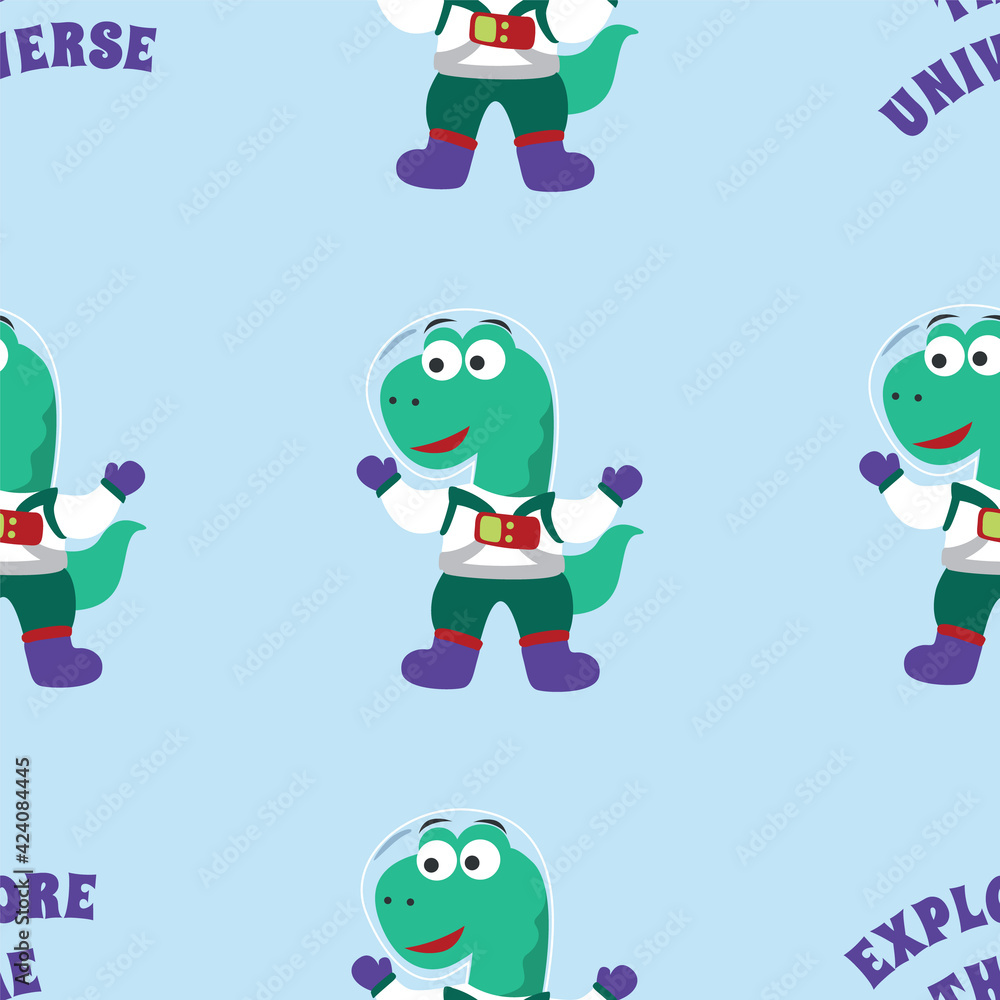 Obraz premium Seamless pattern vector of Funny dinosaur astronaut in space. Dinosaur in outer space. Creative vector childish background for fabric, textile, nursery wallpaper, card, poster and other decoration.