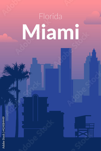 Miami, USA famous city scape view background.