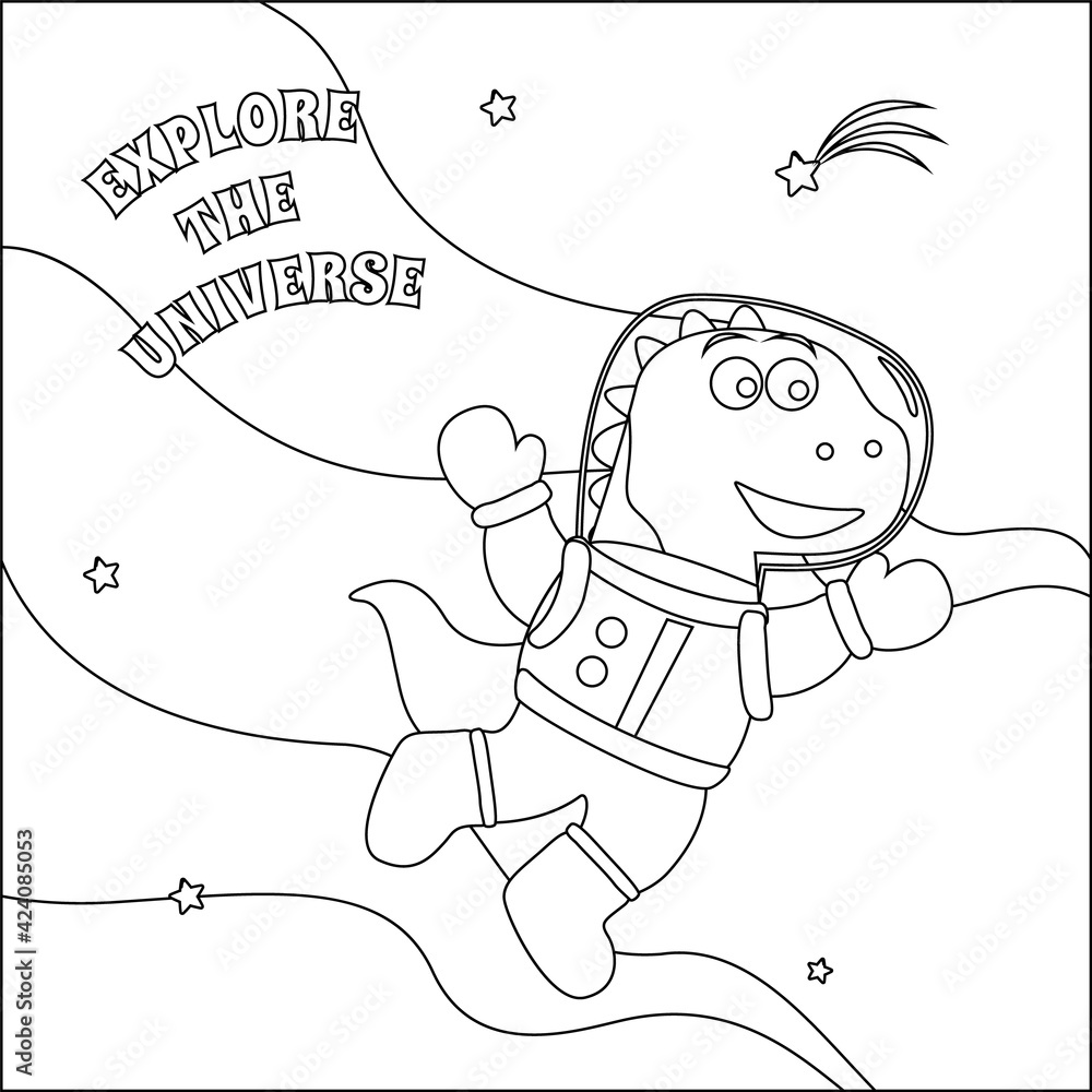 Funny dino astronaut in space. Dinosaur in outer space. Vector hand-drawn coloring children's illustration. Creative vector Childish design for kids activity colouring book or page. Funny dino astronaut in space. Dinosaur in outer space. Vector hand-drawn coloring children's illustration. Creative vector Childish design for kids activity colouring book or page.