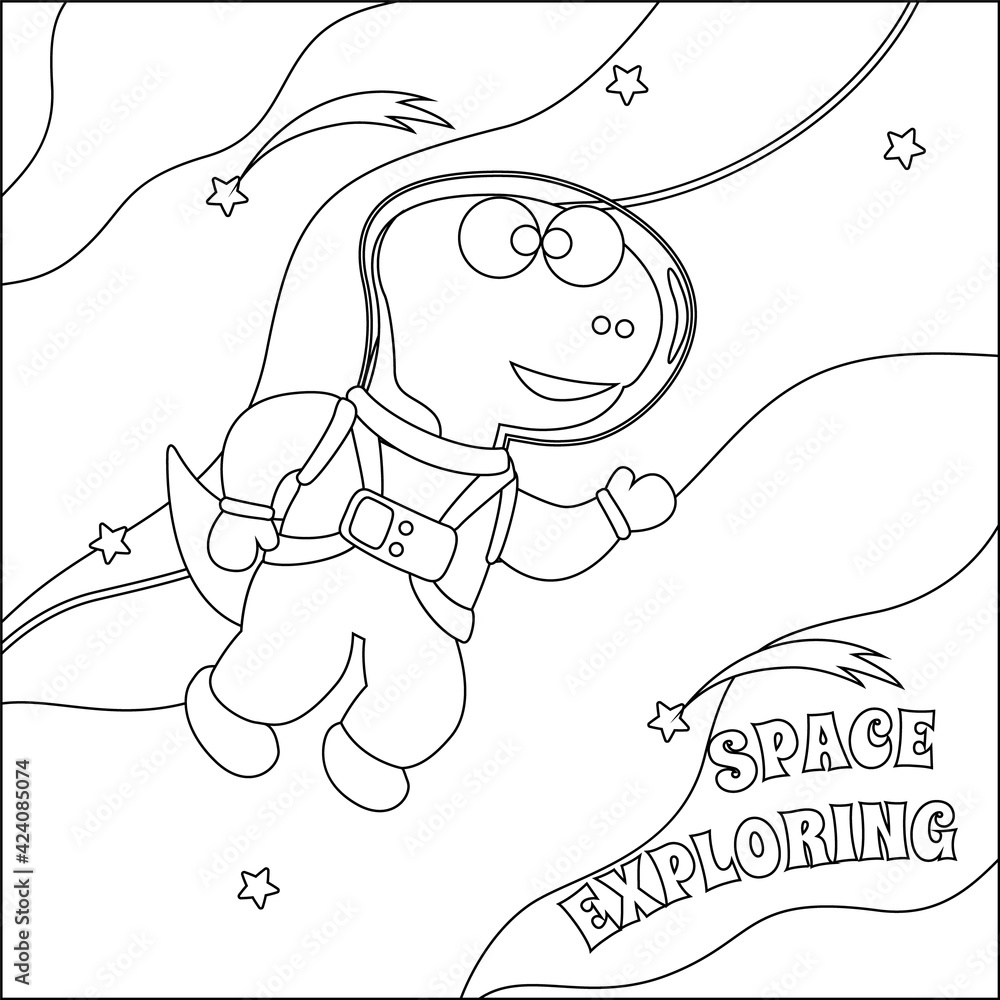 Funny dino astronaut in space. Dinosaur in outer space. Vector hand