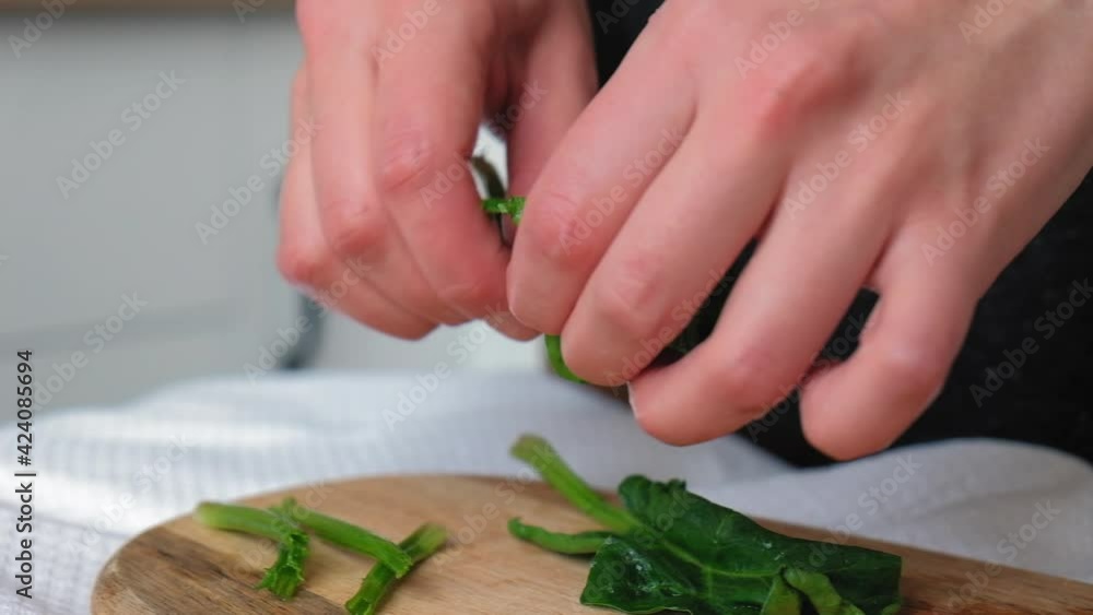 Chef pinches and cuts fresh salad and greens with a knife for breakfast, lunch, dinner in a bright kitchen. Woman with beautiful hands pinches and cuts salad, dill, spinach, arugula on a wooden board Chef pinches and cuts fresh salad and greens with a knife for breakfast, lunch, dinner in a bright kitchen. Woman with beautiful hands pinches and cuts salad, dill, spinach, arugula on a wooden board
