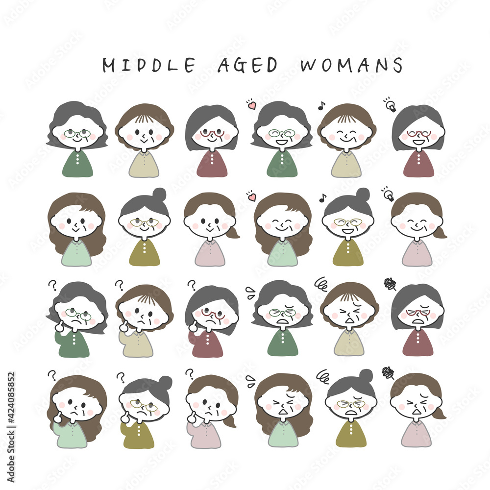 いろいろな表情の中年女性のイラストセット