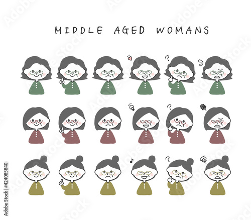眼鏡、または老眼鏡をかけた中年女性のイラストセット