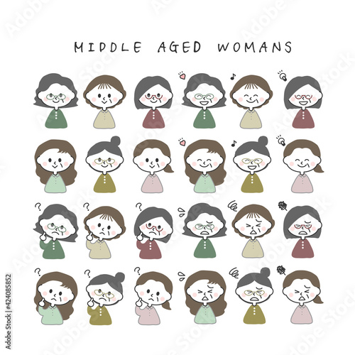 いろいろな表情の中年女性のイラストセット