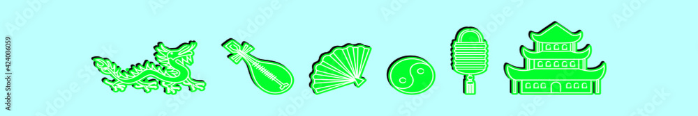 set of chinese culture cartoon icon design template with various models. vector illustration isolated on blue background set of chinese culture cartoon icon design template with various models. vector illustration isolated on blue background