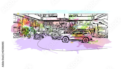 Building view with landmark of Dimapur is a city in  India. Watercolour splash with hand drawn sketch illustration in vector.