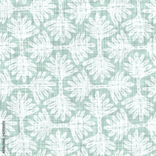 Aegean teal washed out flower linen texture background. Summer coastal living style tonal fabric effect. Sea green wash distressed grunge material. Decorative floral motif textile seamless pattern 