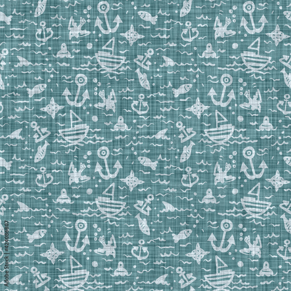 Aegean teal sail boat patterned linen texture background. Summer coastal living style home decor fabric effect. Sea green wash grunge sailing fashion. Decorative maritime textile seamless pattern
