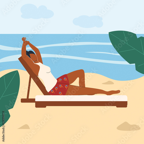 Girl lies in a sun lounger on the beach in summer, woman is resting by the sea, travel postcard