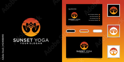 Sunset Yoga Logo Woman Silhouette design template and business card