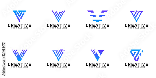 set of modern monogram logo letter V design template