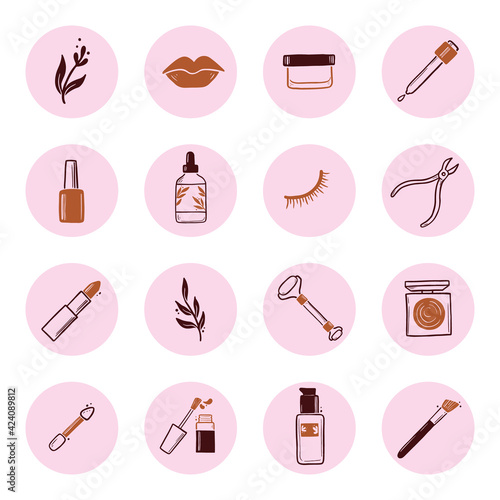 Hand drawn set of beauty makeup insta story highlight elements, mascara, cream bottle, nail product, brush. Doodle sketch style. Illustration for cosmetic icon, makeup highlights design.