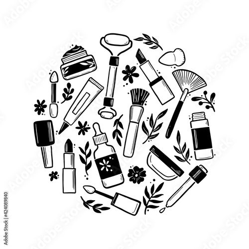 Hand drawn set of makeup beauty cosmetic elements, mascara, cream bottle, nail product, skin brush. Doodle sketch style. Illustration for makeup, beauty salon, cosmetic store icon, background design.