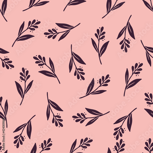 Hand drawn seamless pattern of simple floral elements. Doodle sketch style. Branch element drawn by digital pen. Illustration for wallpaper  background  textile design.
