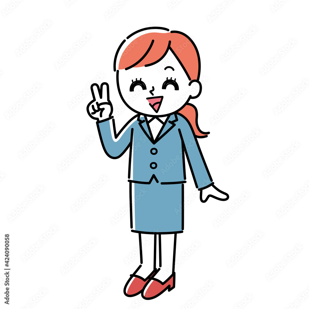 ピースサインをしているスーツを着た女性のイラスト