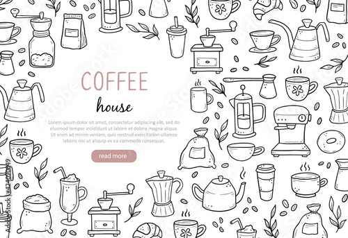 Hand drawn of website banner template with assorted coffee makers and desserts on white background. Doodle sketch style. Vector illustration for coffee shop, cafe, restaurant banner, background, frame