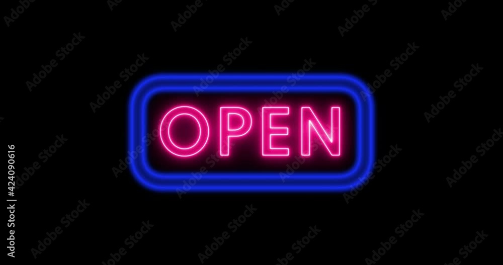 Vidéo Stock Neon sign on the wall. Open neon sign light on black